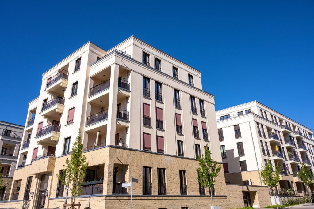 Modern yellow tenement buldings
